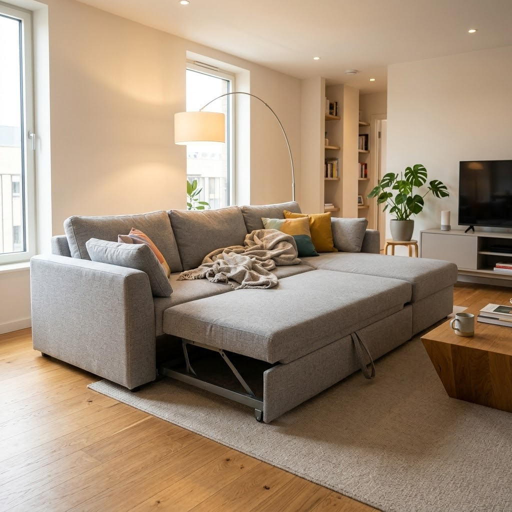 A sectional sofa with a hidden pop-up trundle bed mechanism pulling out from underneath to create a large sleeping surface.