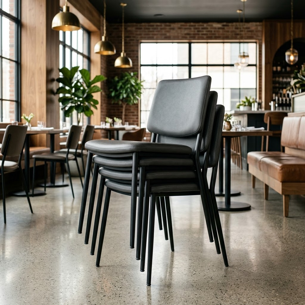 A stack of upholstered commercial dining chairs in a restaurant setting, featuring bleach-cleanable performance vinyl.