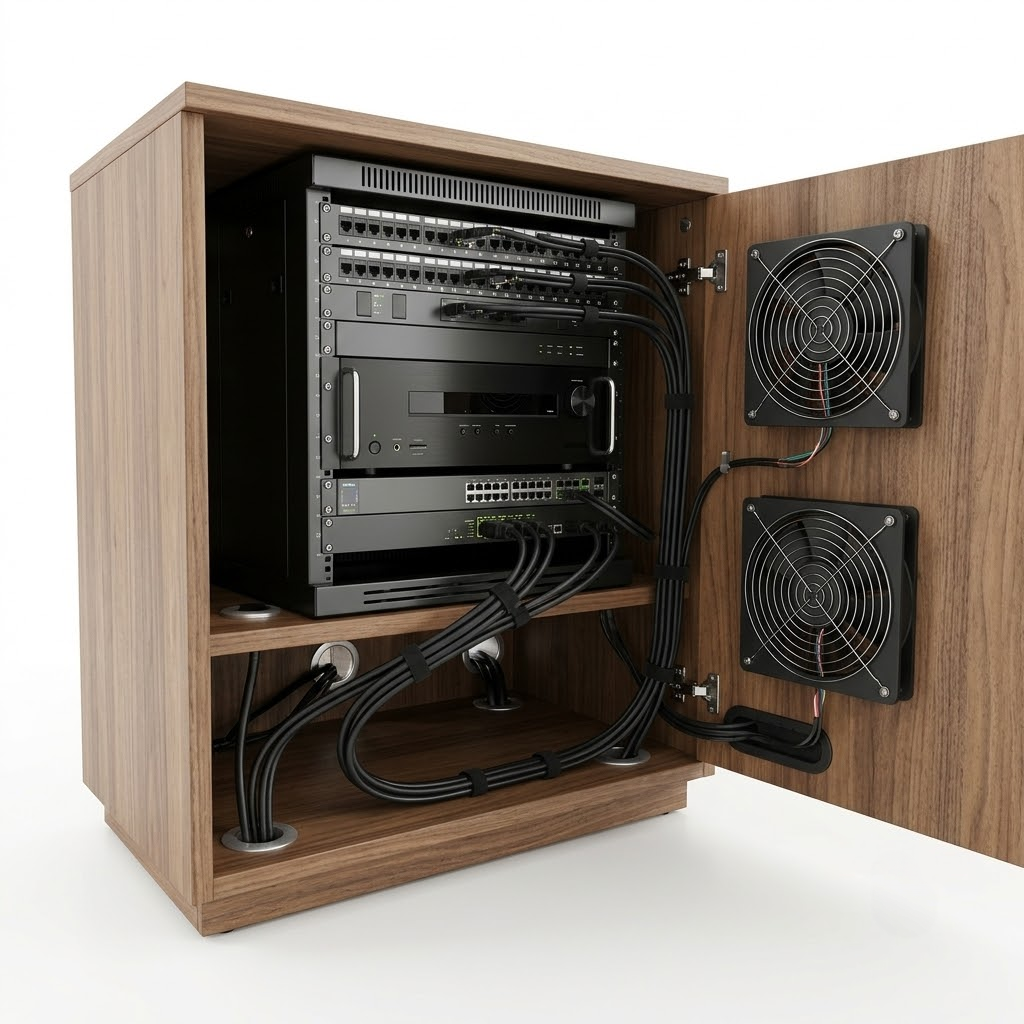 A technical view of the back of a commercial office furniture credenza showing integrated cooling fans and heavy duty wire management slots for server racks.