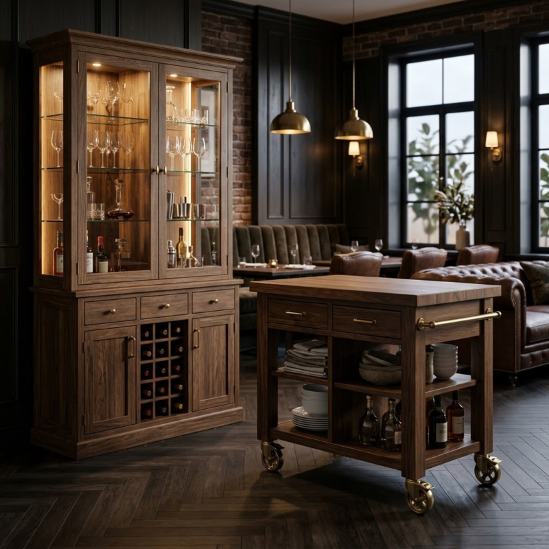 A coordinated hospitality furniture set featuring a tall wine and bar cabinet alongside a rolling kitchen island cart for tableside service.