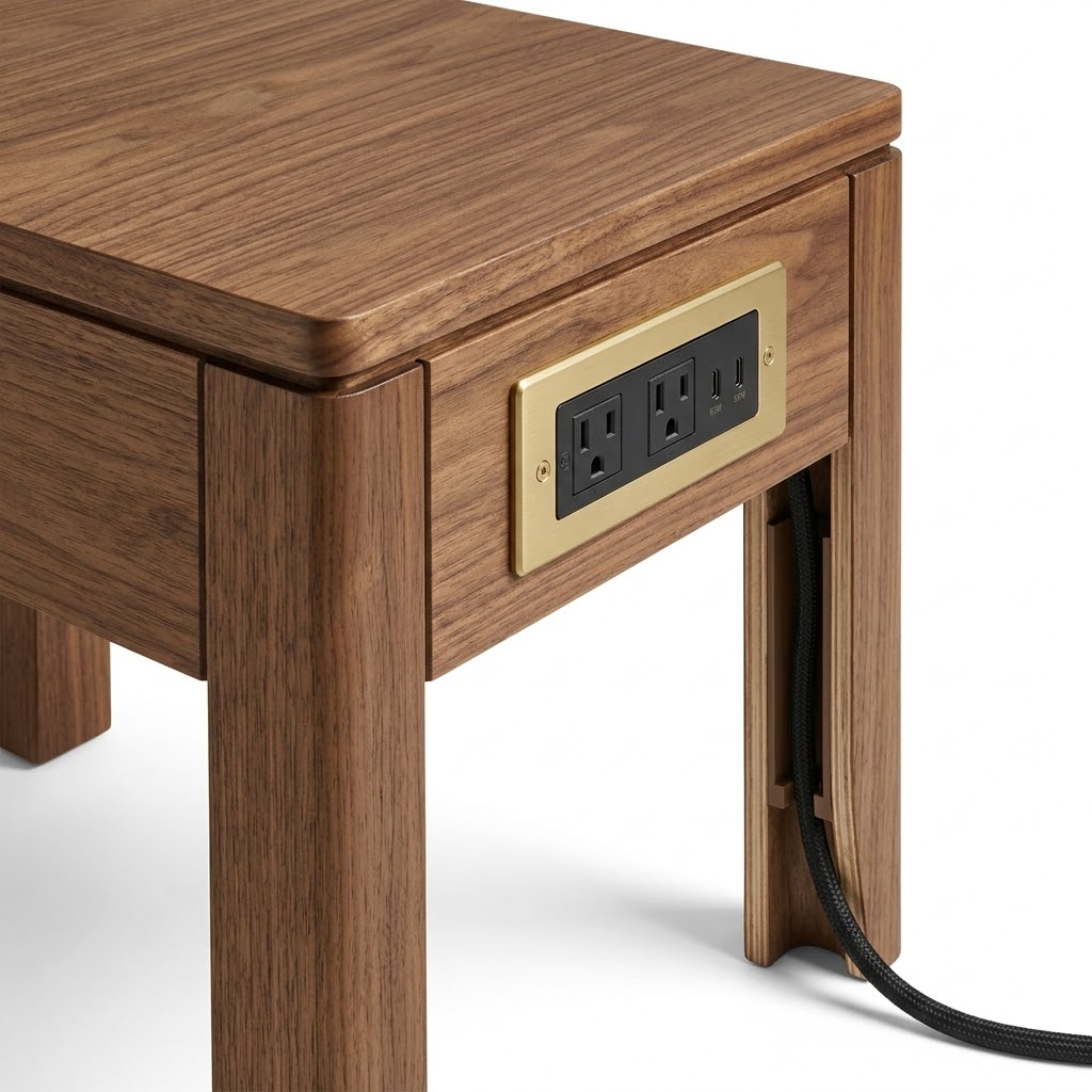 Macro cutaway of a custom hotel end table apron showing a flush-mounted UL 962A power module with dual AC outlets, 65W USB-C PD ports, and concealed rear leg wire routing.