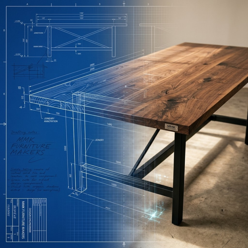 Architectural CAD drawing of a commercial dining table seamlessly overlapping with a high-resolution photo of the finished solid wood prototype.