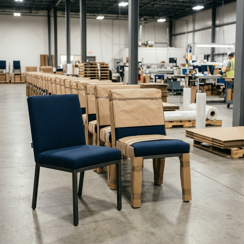  Row of custom upholstered commercial dining chairs in MMK TRADE INC factory undergoing quality inspection and ISTA 3A double-wall carton packaging.