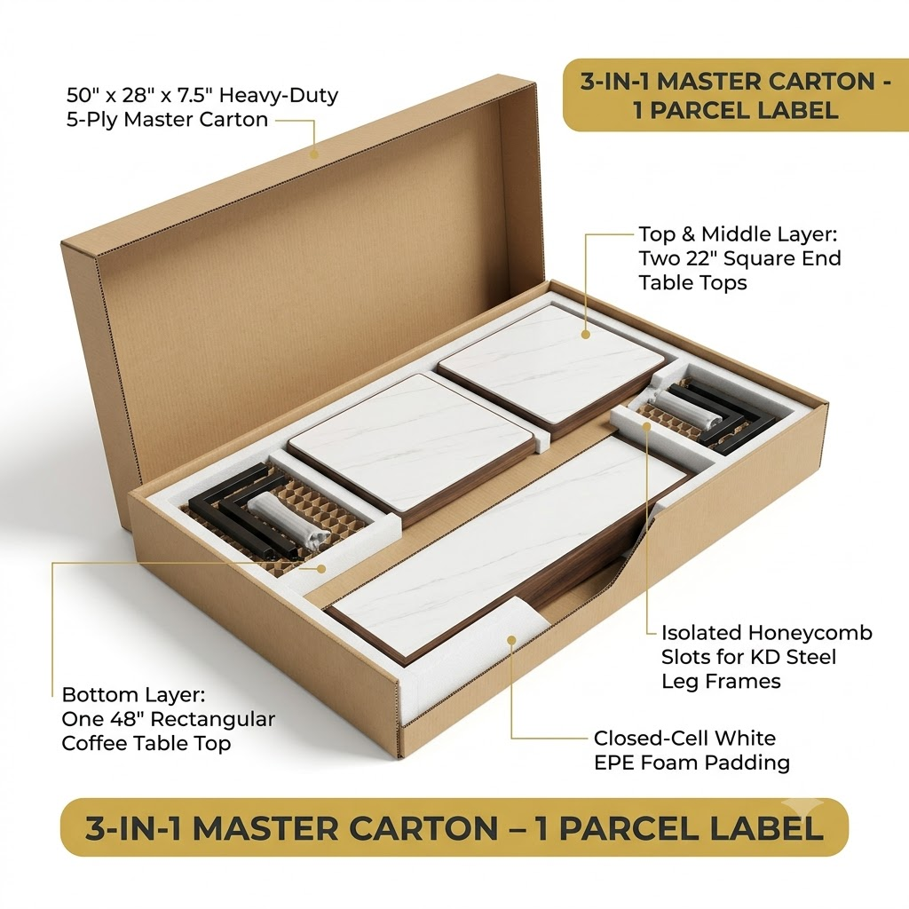 3D cutaway of a single ISTA 3A master carton containing the flat-packed tabletops and KD frames for one coffee table and two end tables.