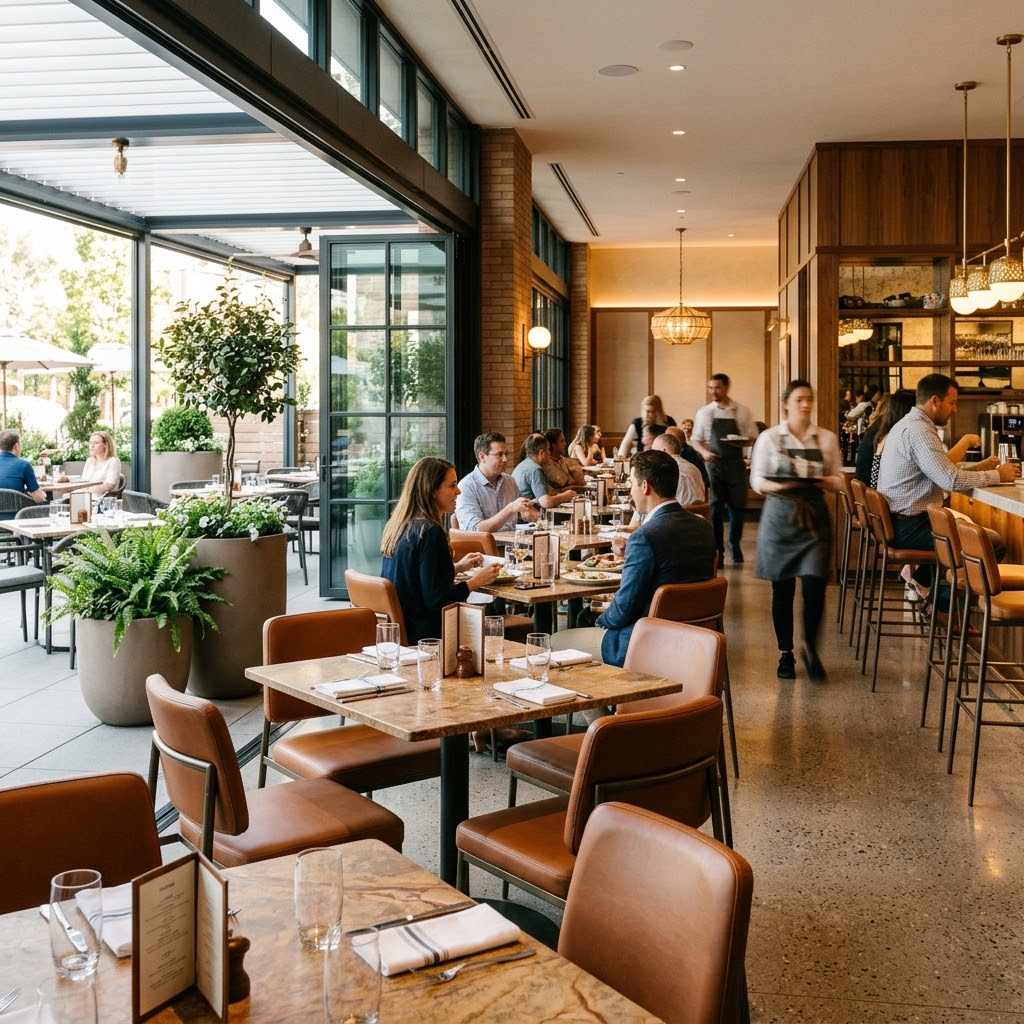 Boutique cafe and hotel dining area outfitted with bleach-cleanable upholstered wholesale dining chairs and sintered stone bistro tables by MMK Furniture Makers.
