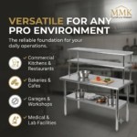 Compact Commercial Stainless Steel Prep Table with Double-Tier Overshelf - Image 6