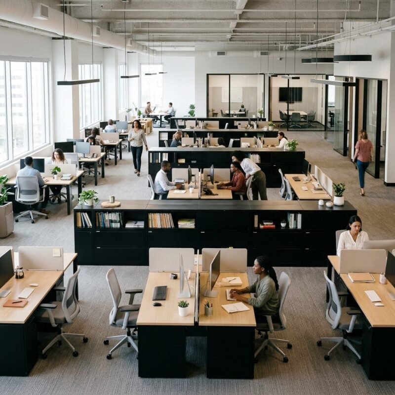 Modern-open-plan-corporate-office-showing-low-profile-lateral-bulk-filing-cabinets-dividing-clusters-of-OEM-office-workstations.