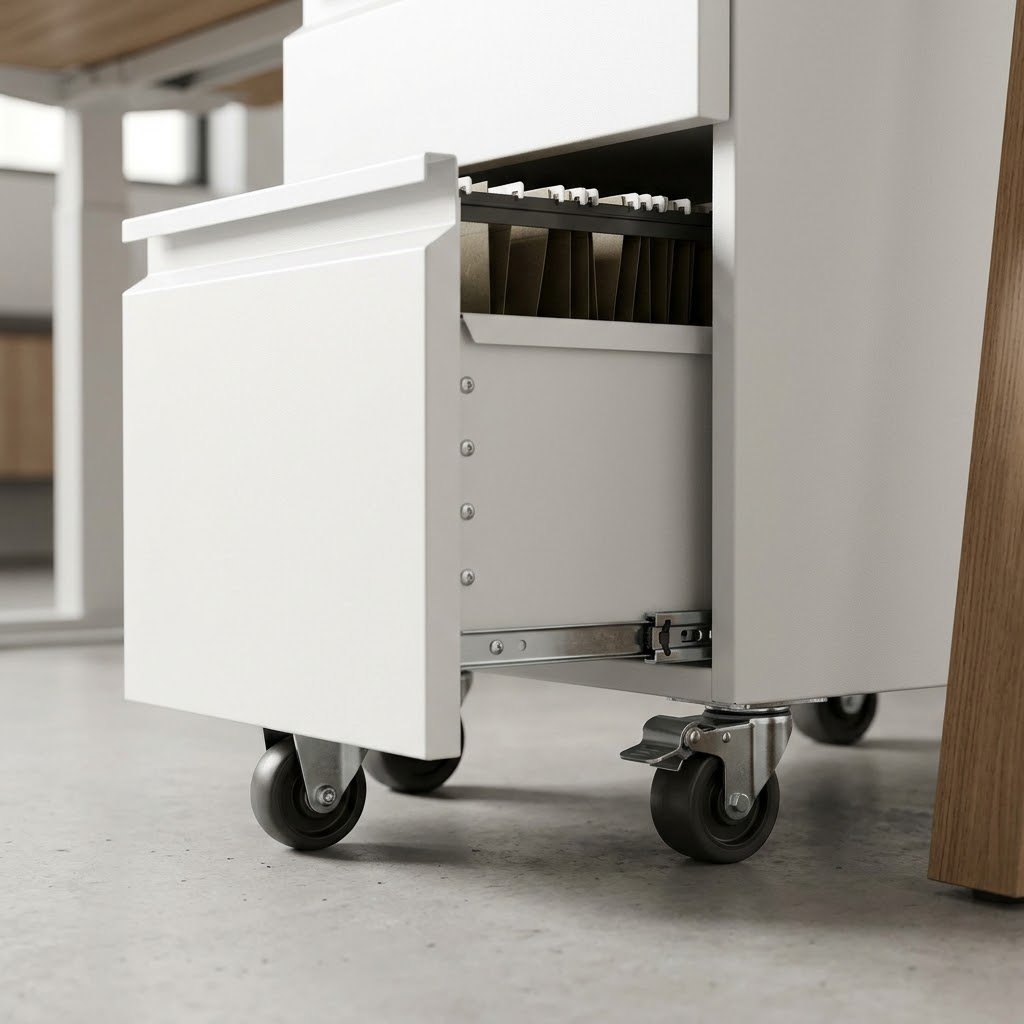Studio-hero-shot-close-up-of-a-contract-grade-mobile-filing-pedestal-tucked-under-a-commercial-office-desk-highlighting-the-bottom-drawer-anti-tip-caster.