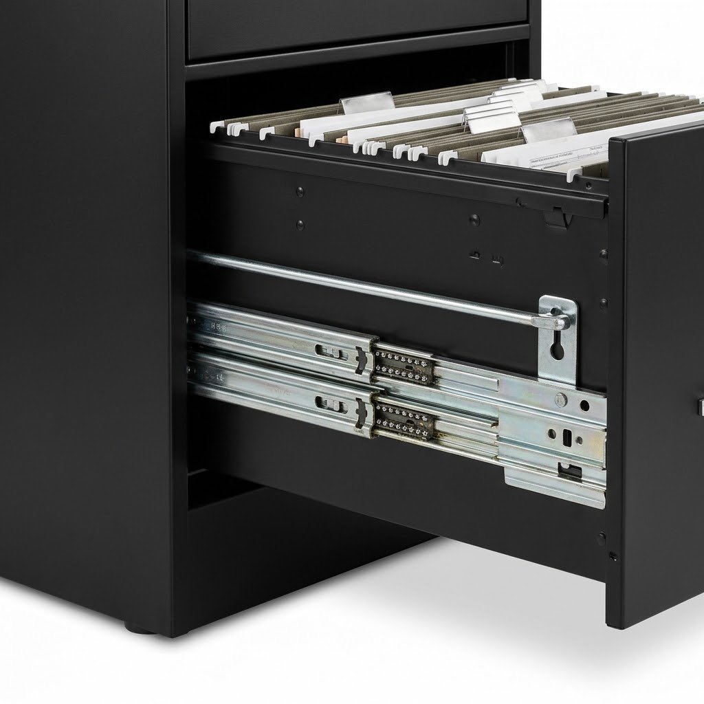 2.Close-up-product-shot-of-a-commercial-storage-cabinet-showing-a-3-stage-full-extension-ball-bearing-drawer-slide-and-anti-tip-interlock-mechanism-on-a-pure-white-background.