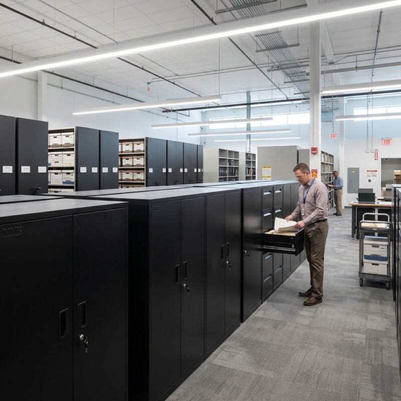 1.Commercial-archive-room-outfitted-with-heavy-duty-steel-wholesale-storage-cabinets-and-bulk-filing-cabinets-from-MMK-Furniture-Makers.