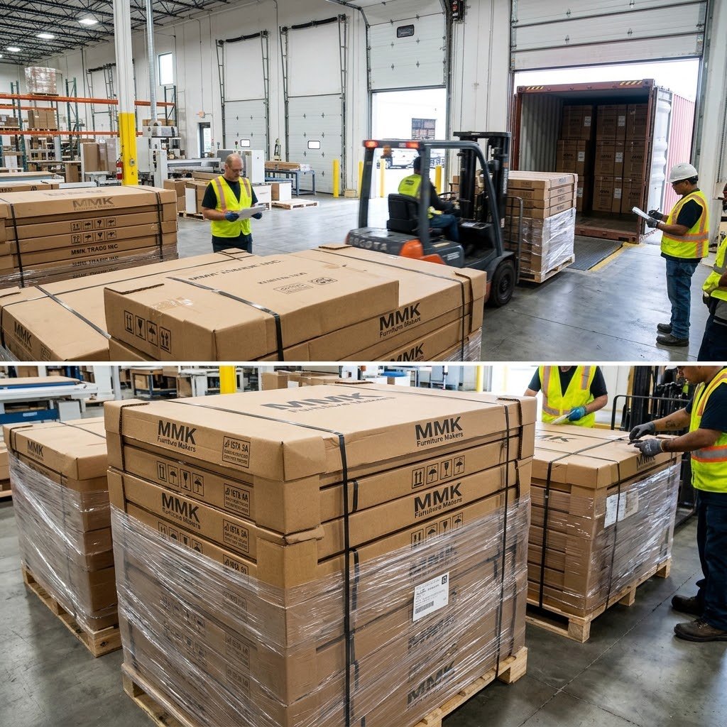 3.Stack-of-flat-packed-Knock-Down-commercial-storage-cabinets-in-MMK-TRADE-INC-factory-undergoing-ISTA-3A-double-wall-carton-packaging.
